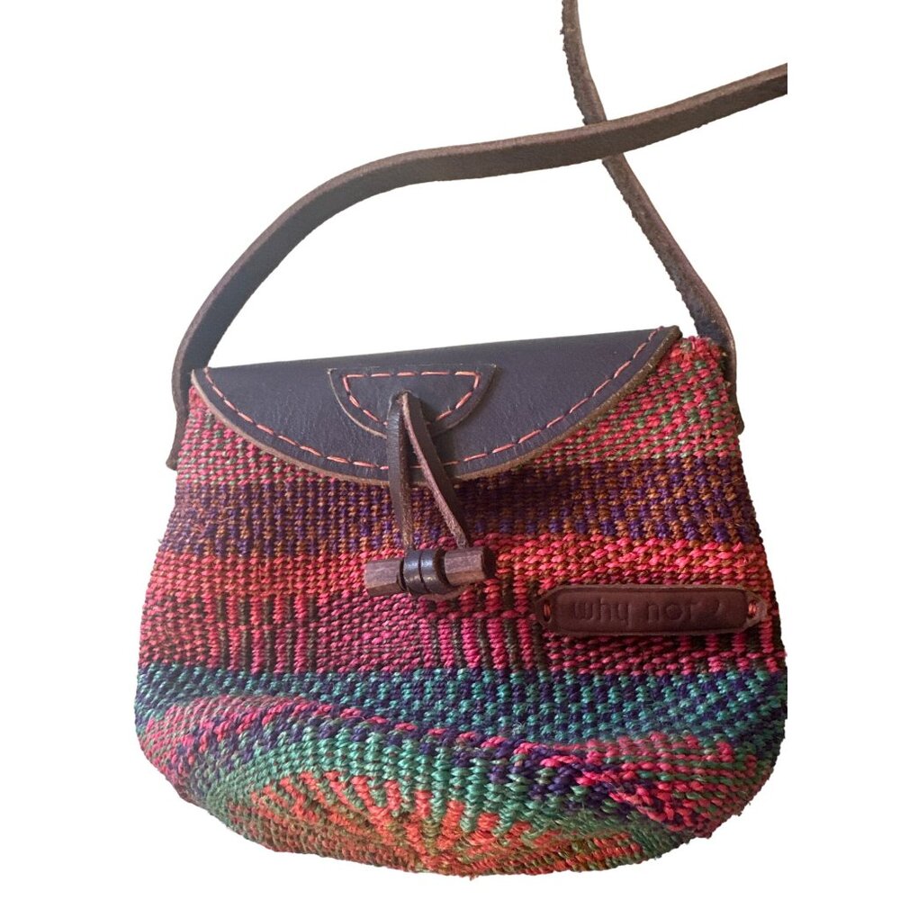 💖Colorful Handwoven Shoulder Bag With Leather Accents Why Not Brand - 8" Height - Picture 3 of 7